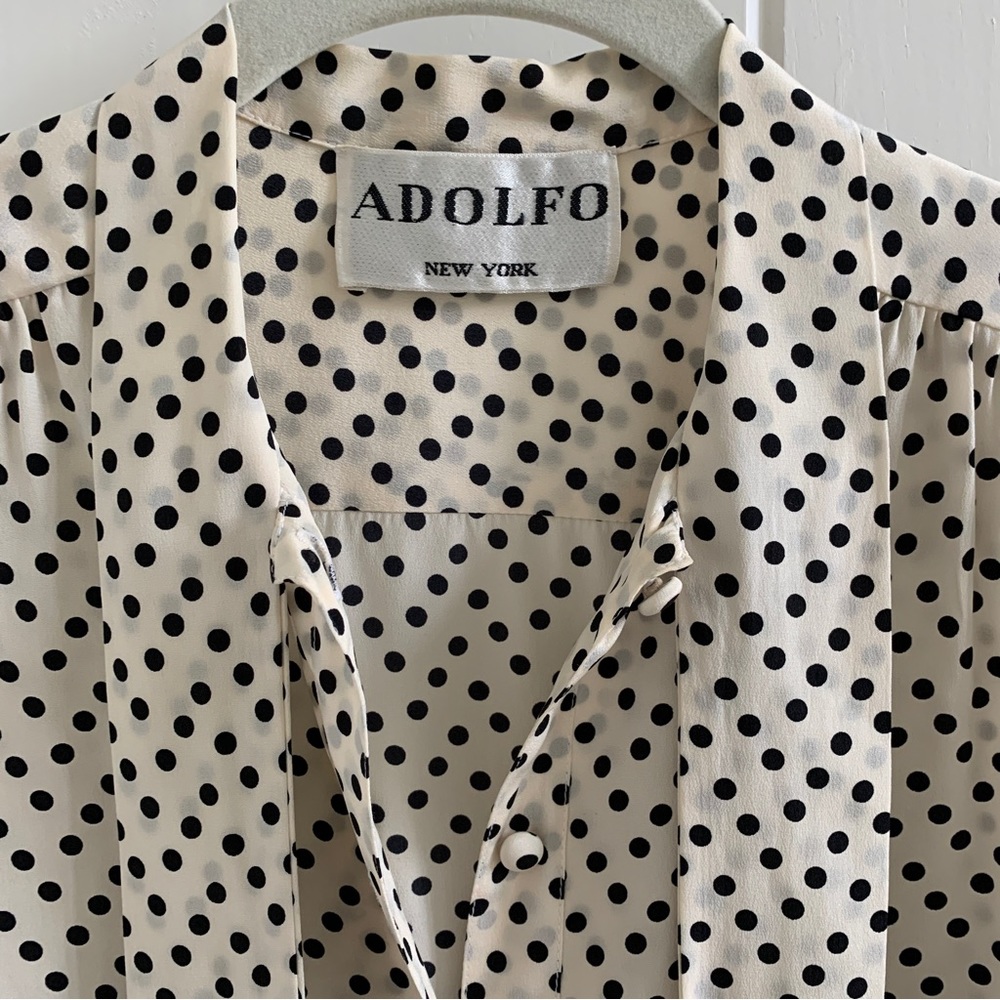 Vintage Adolfo New York Black & White Polka Dot Silk Blouse - Size Small